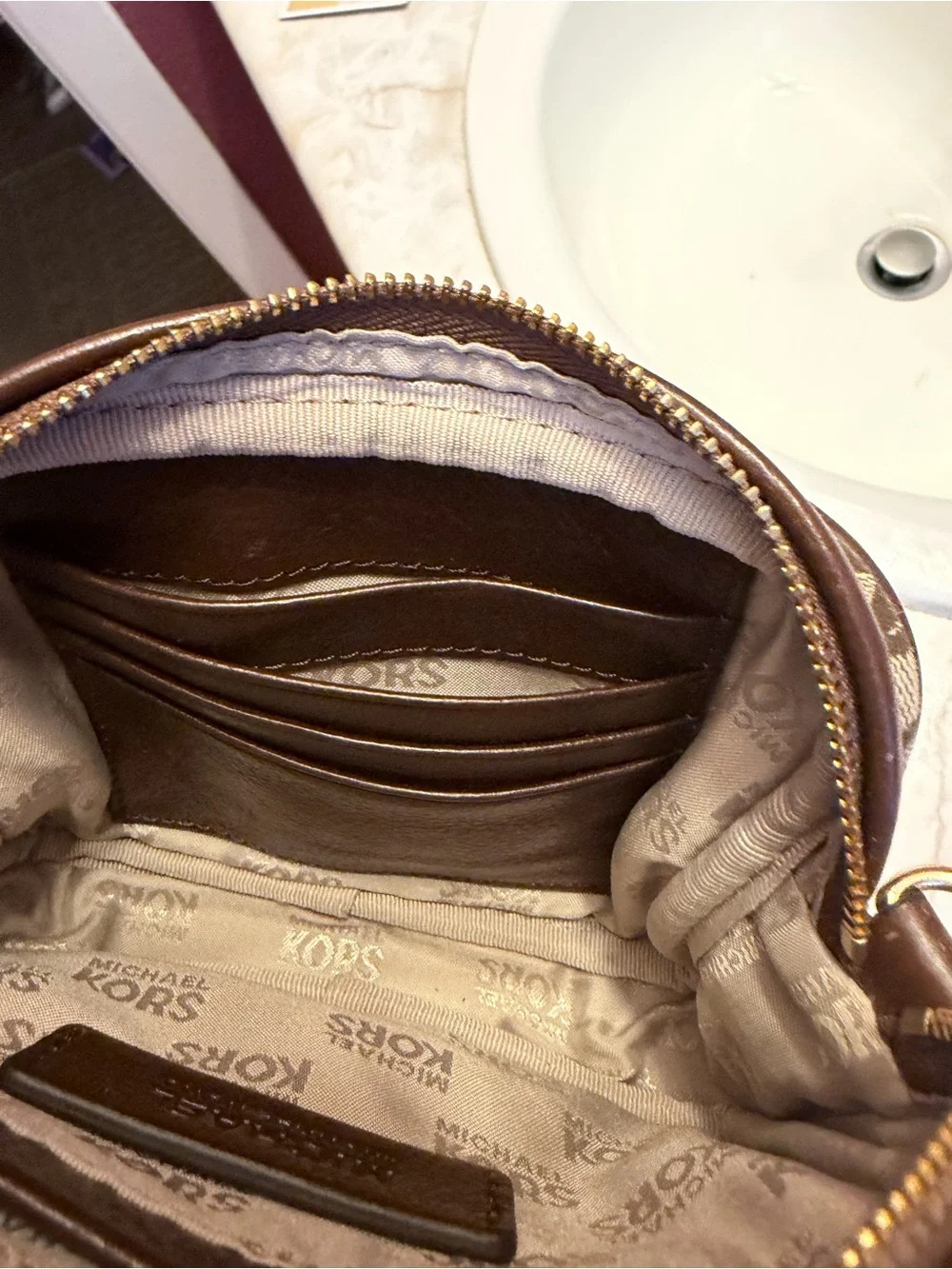 Michael Kors Tan/Brown Signature MK Crossbody with Gold Plate